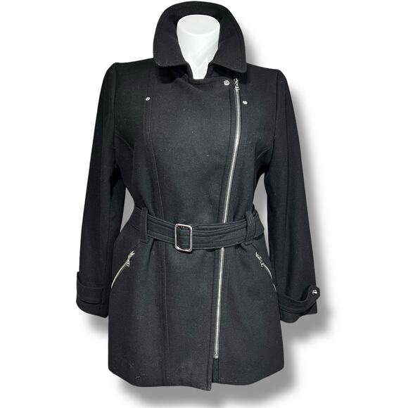 Express Womens Wool Blend Jacket Belted Asymmetrical Zip Trench Coat Black XL - Picture 1 of 13